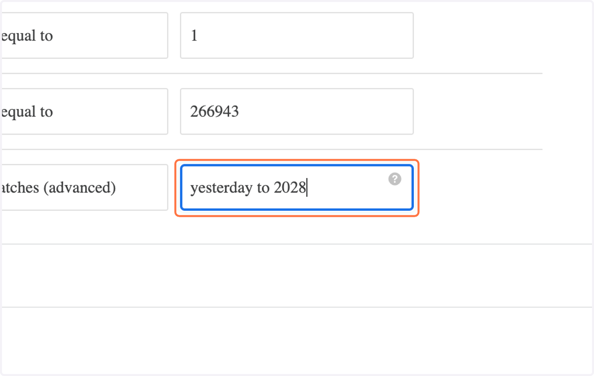 Under "TIXCOUNT Event Time", type "yesterday to 2028"