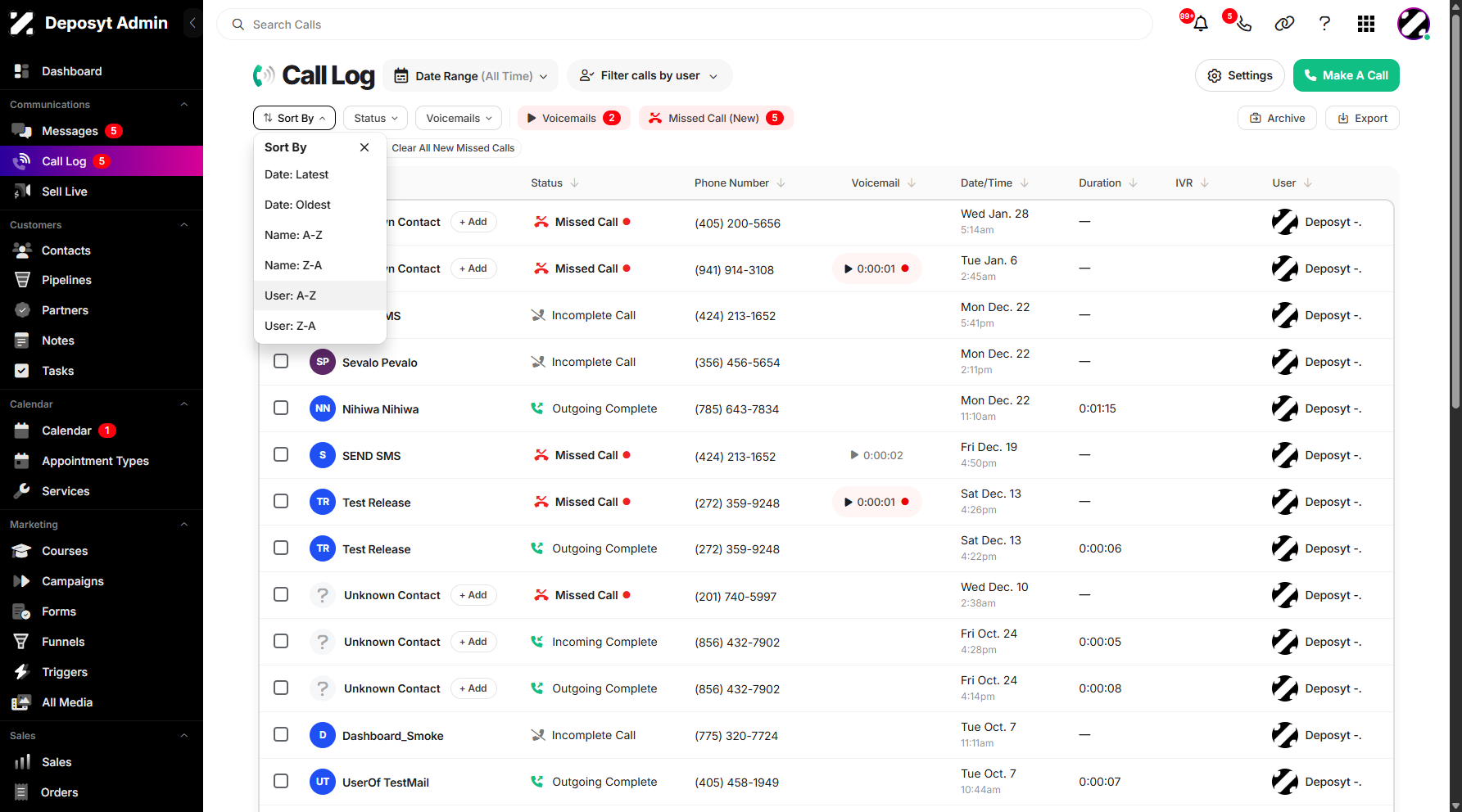 Step 5: Select a sorting option from the list—for example, User: A–Z.