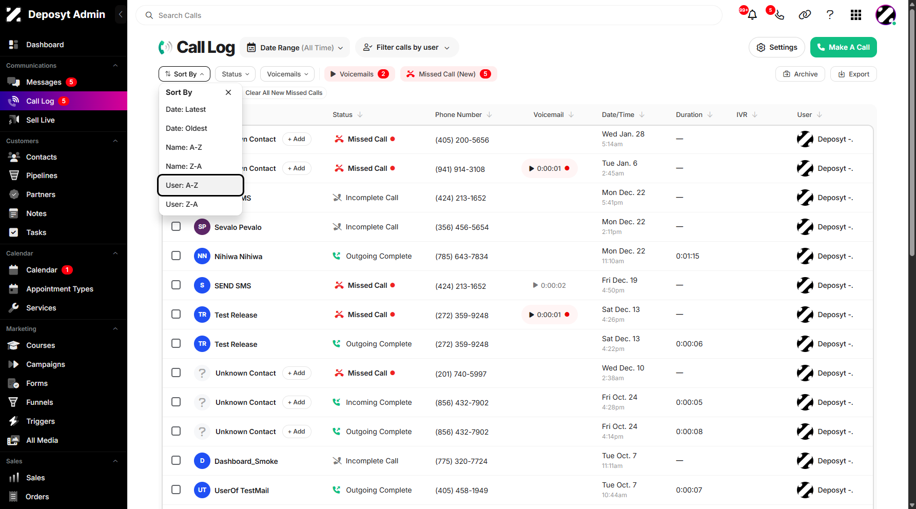 Step 5: Select a sorting option from the list—for example, User: A–Z.
