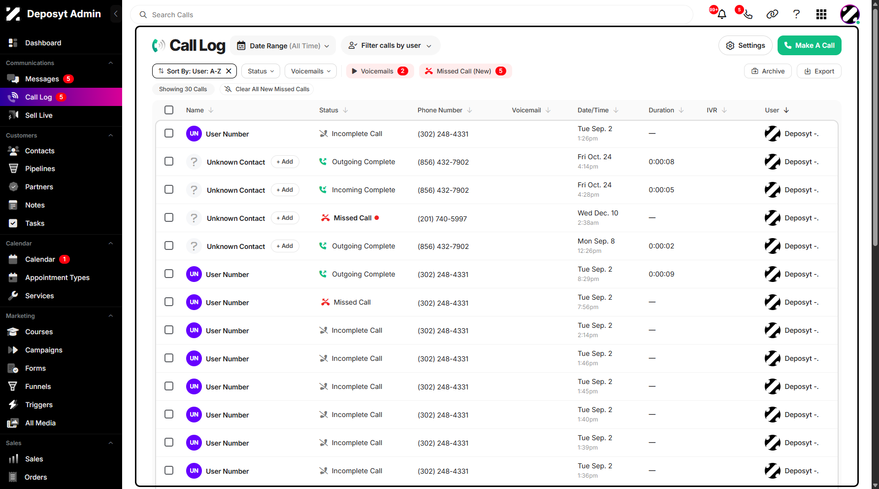 Step 6: This will rearrange the call or voicemail list alphabetically by user, making it easier to locate specific contacts.