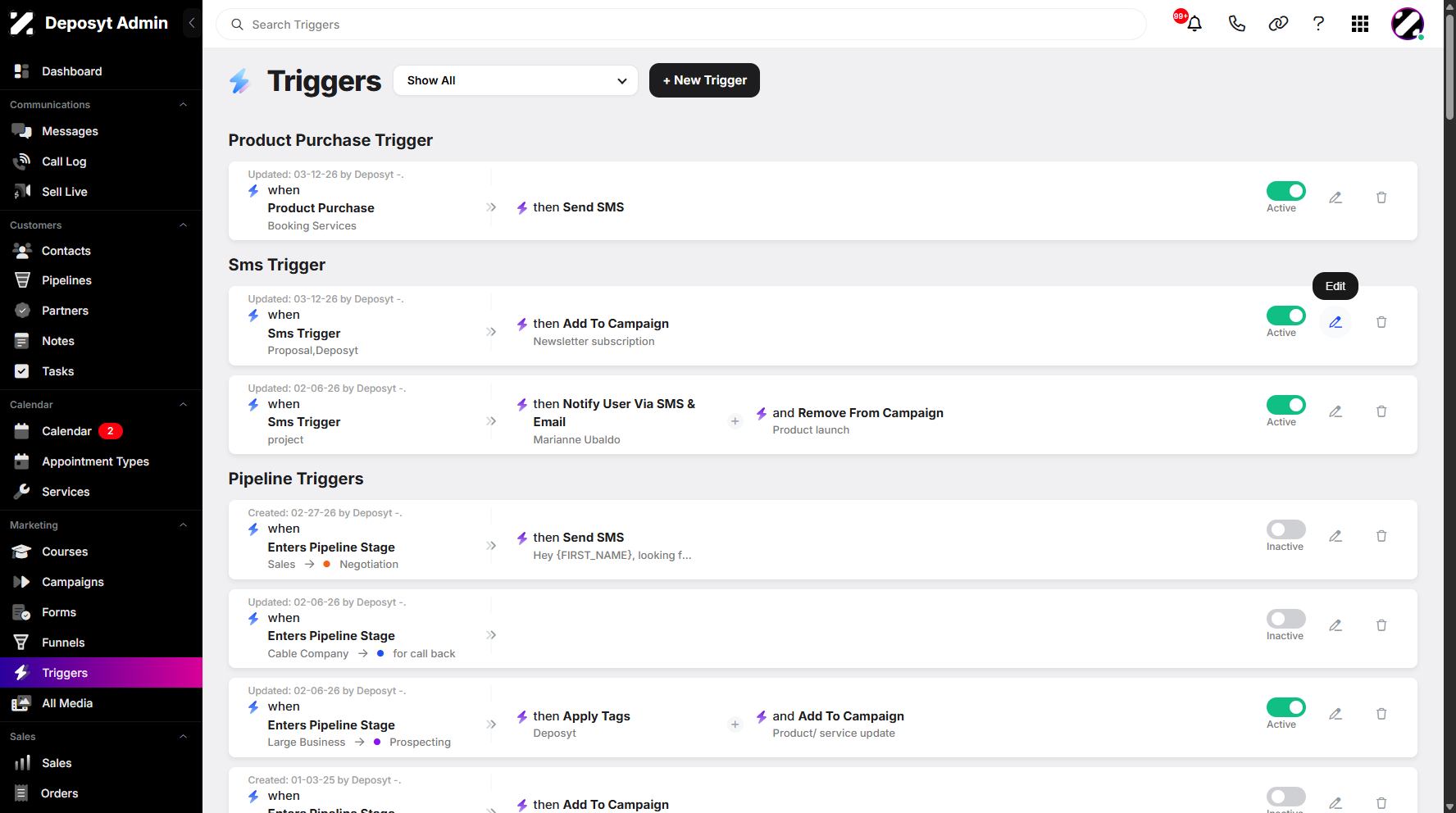 Step 3: Select an existing trigger, then click Edit to proceed.