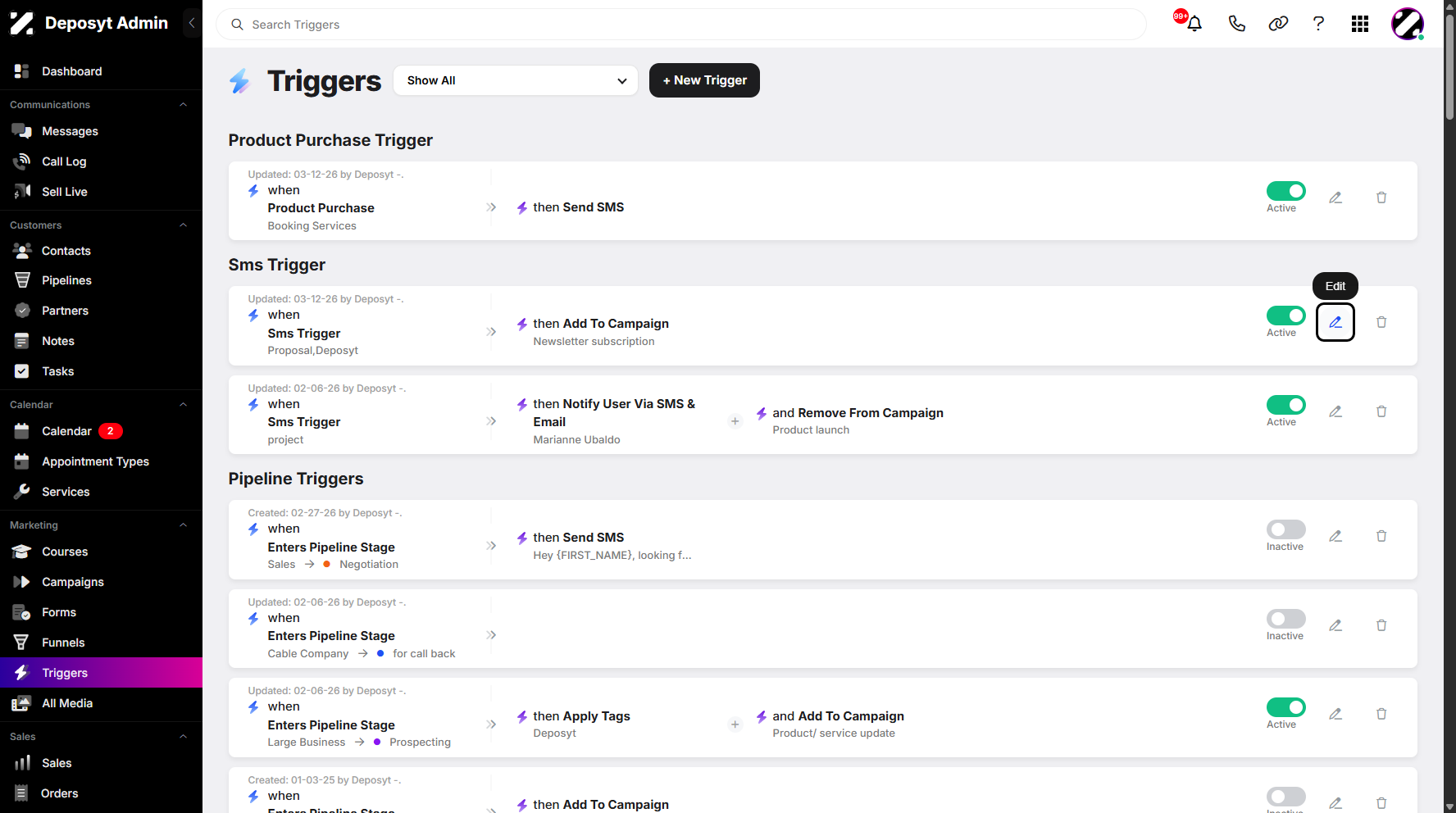 Step 3: Select an existing trigger, then click Edit to proceed.