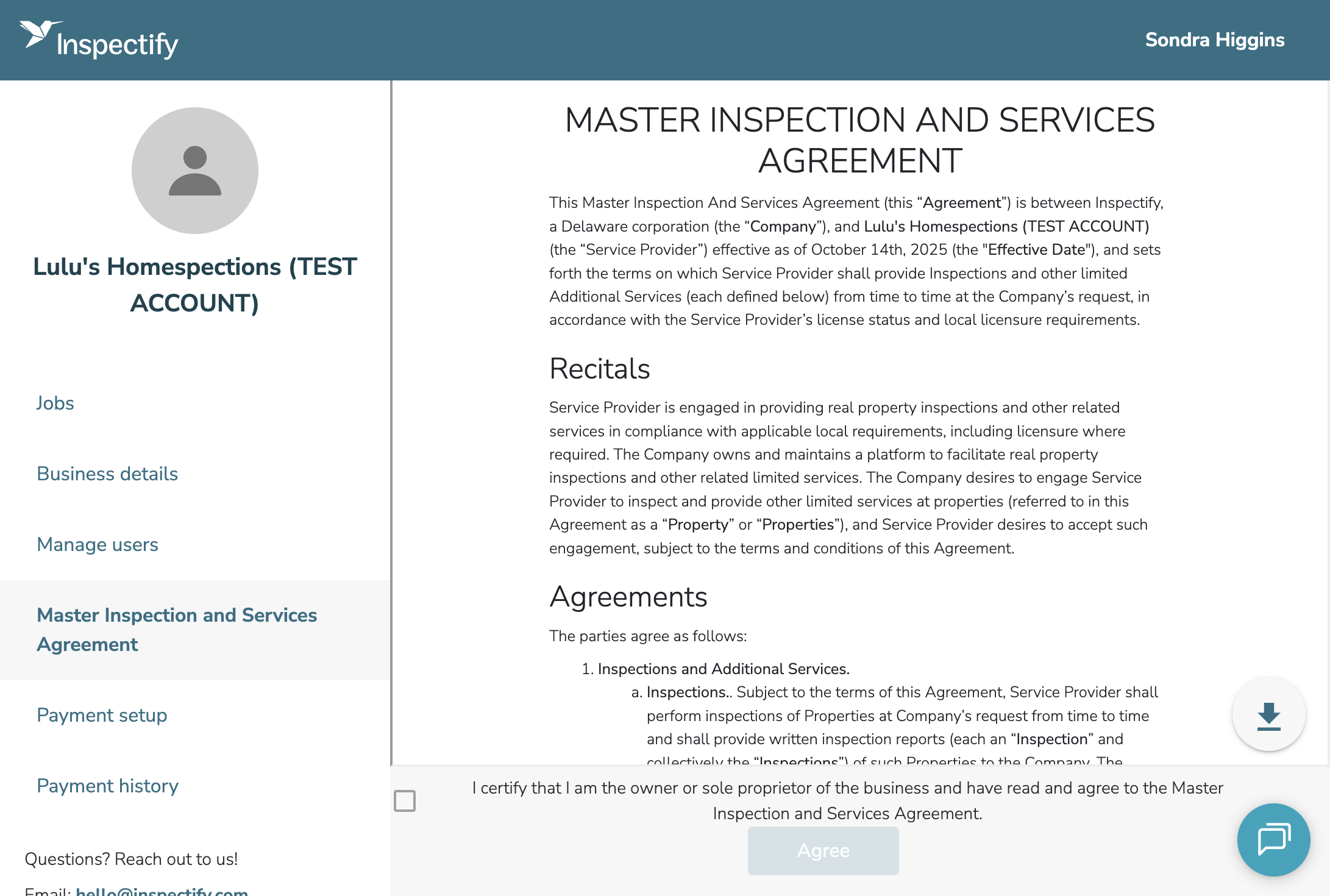 After logging in to your account, look for the Master Inspection and Services Agreement.