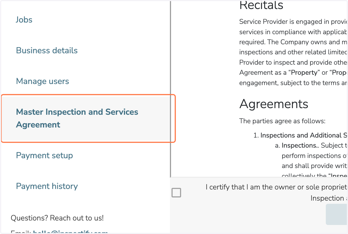 After logging in to your account, look for the Master Inspection and Services Agreement.