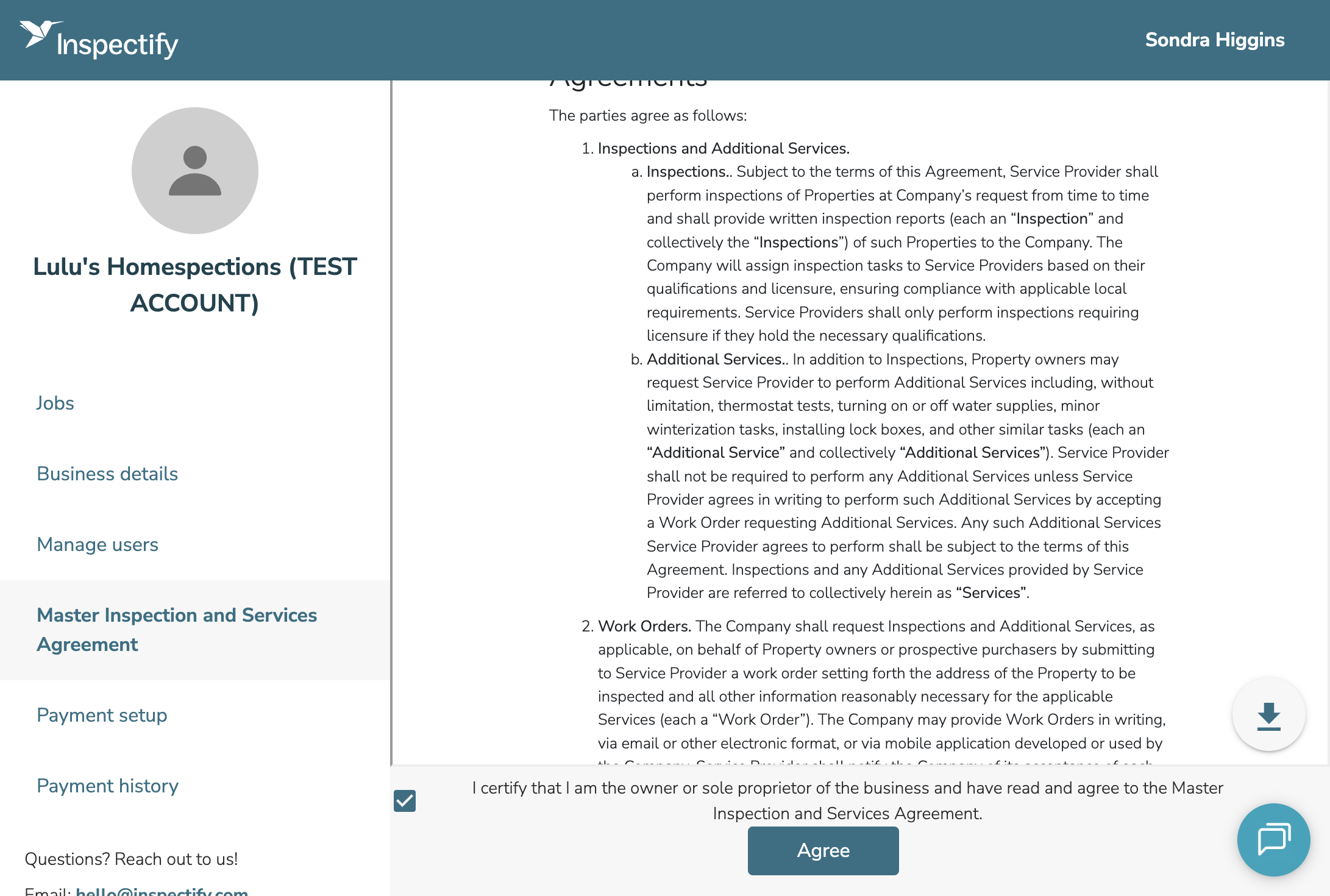Read through the Master Inspection and Services Agreement, then check the box to confirm.