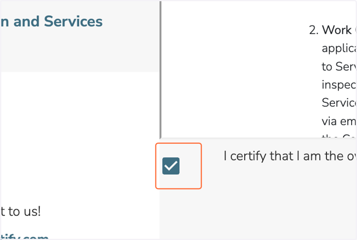 Read through the Master Inspection and Services Agreement, then check the box to confirm.