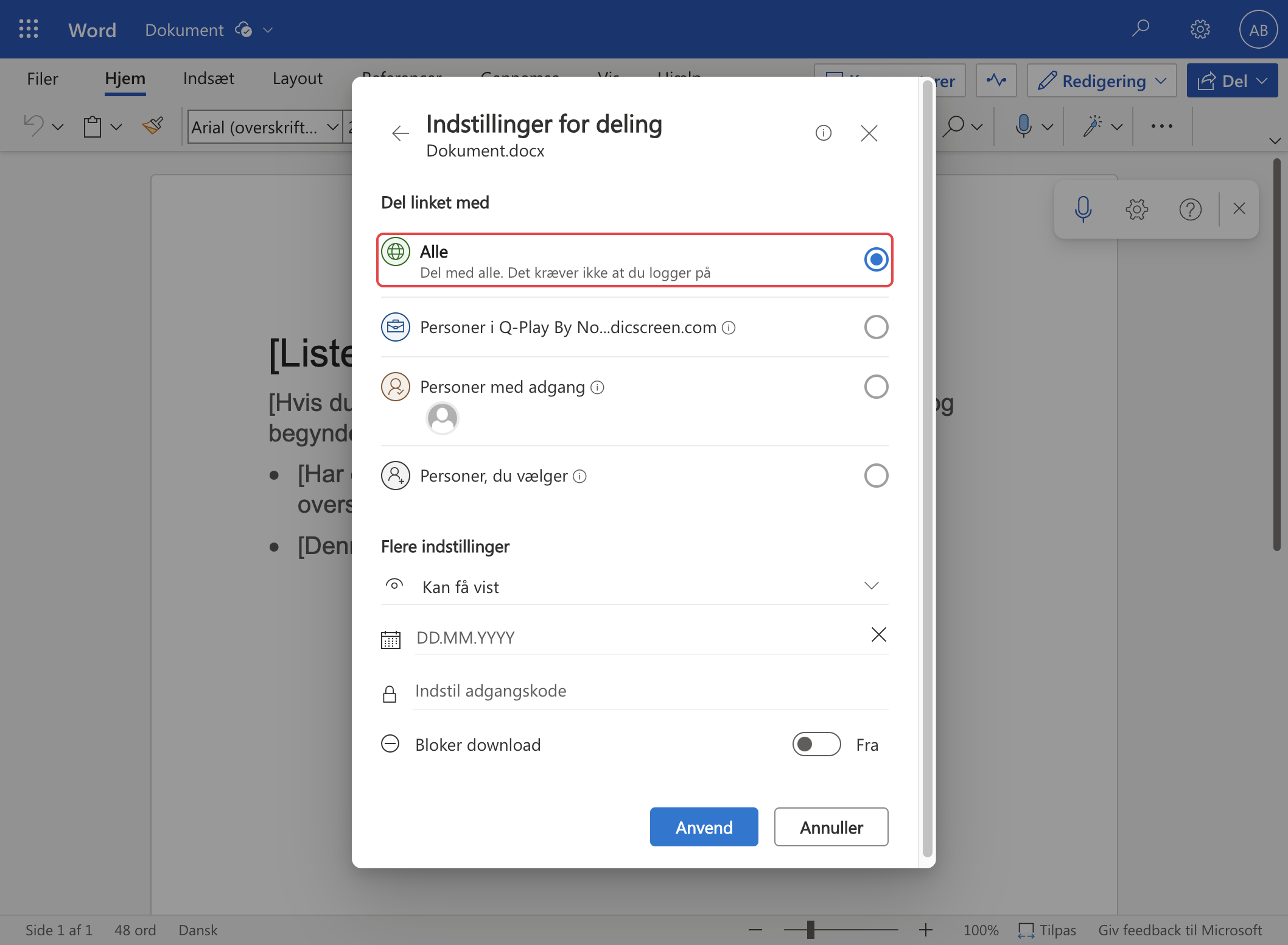 Word document link sharing options with 'Anyone with the link' selected.