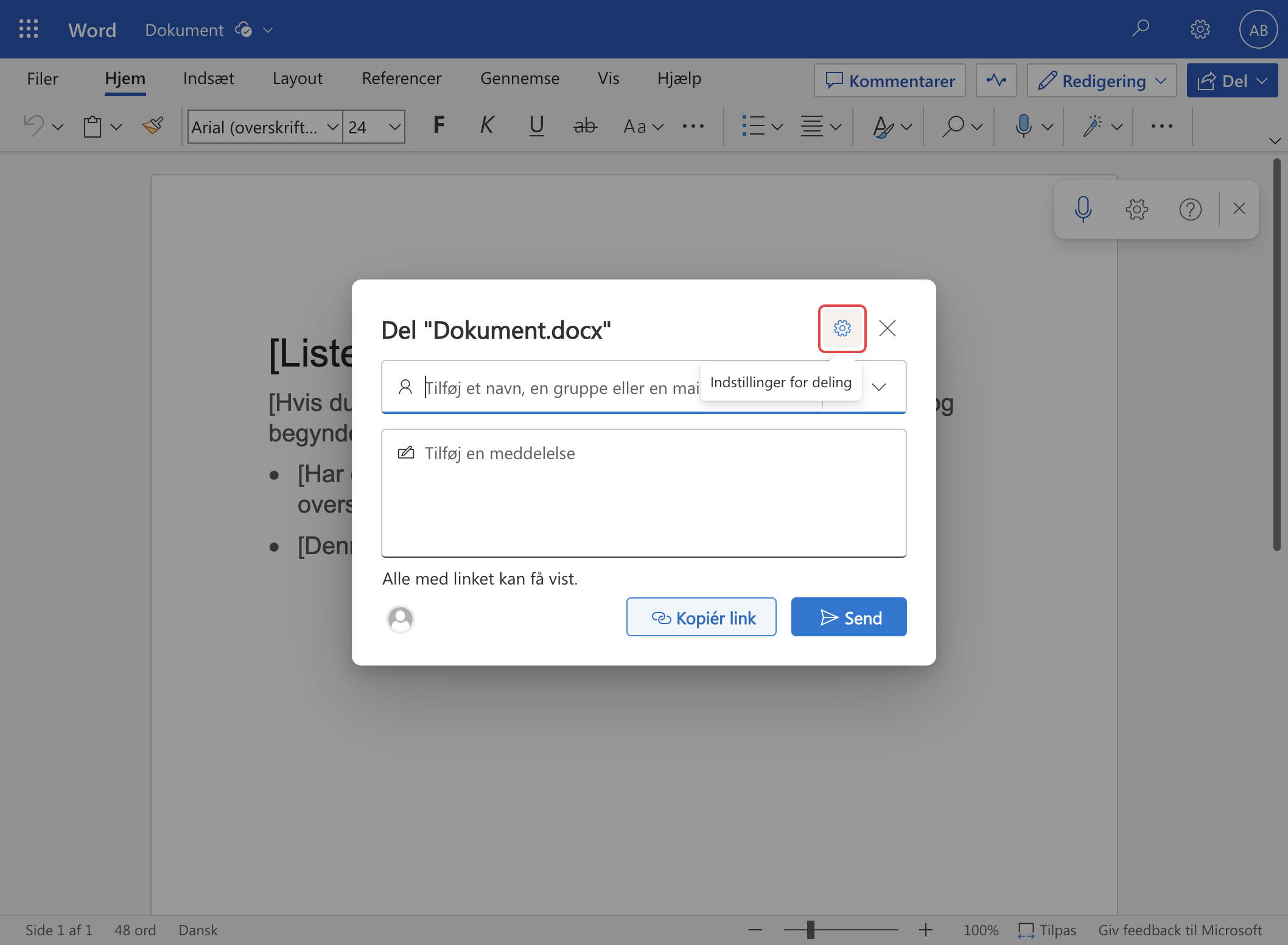 Word document sharing settings dialog box with options for adding users and copying link.