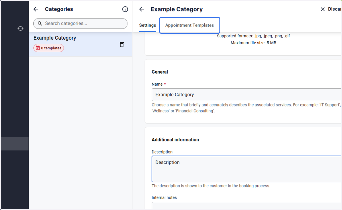 Click on Appointment Templates to assign the relevant appointment templates to this category