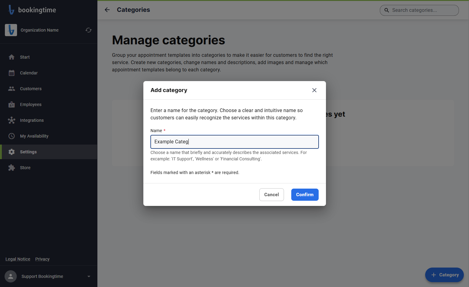 Choose a name for your category. This will appear on the first booking step