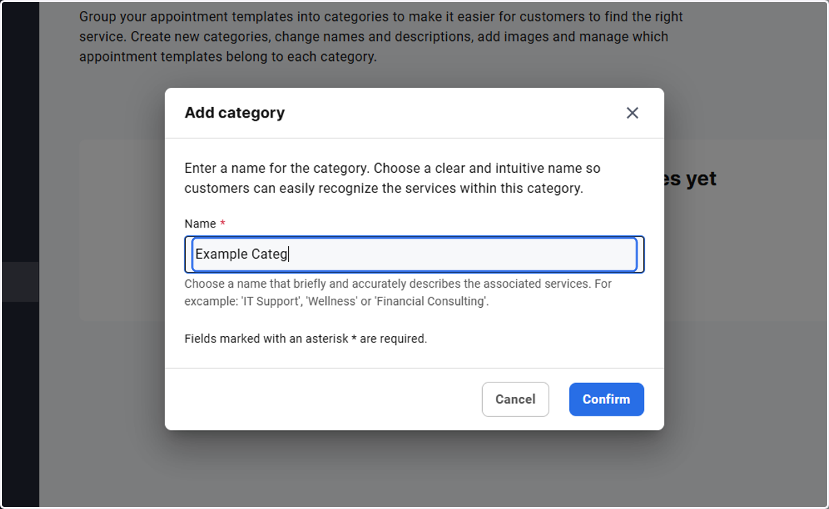 Choose a name for your category. This will appear on the first booking step