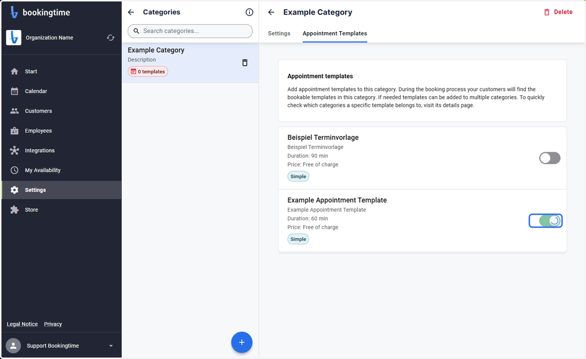 Activate the relevant appointment template for this category