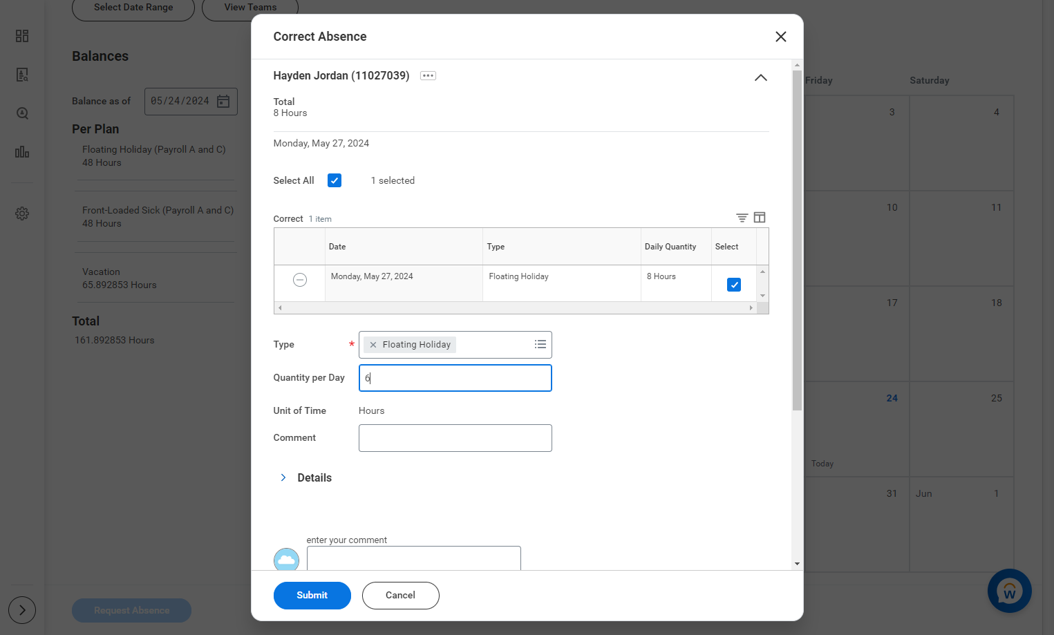 Make adjustment to the quantity of hours, as needed