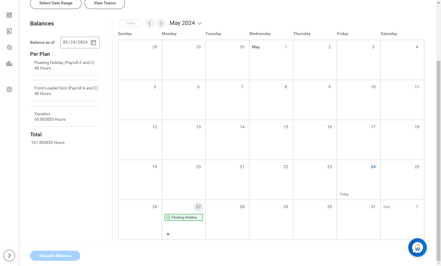 a Green Absence block indicates the time off is already Approved by manager