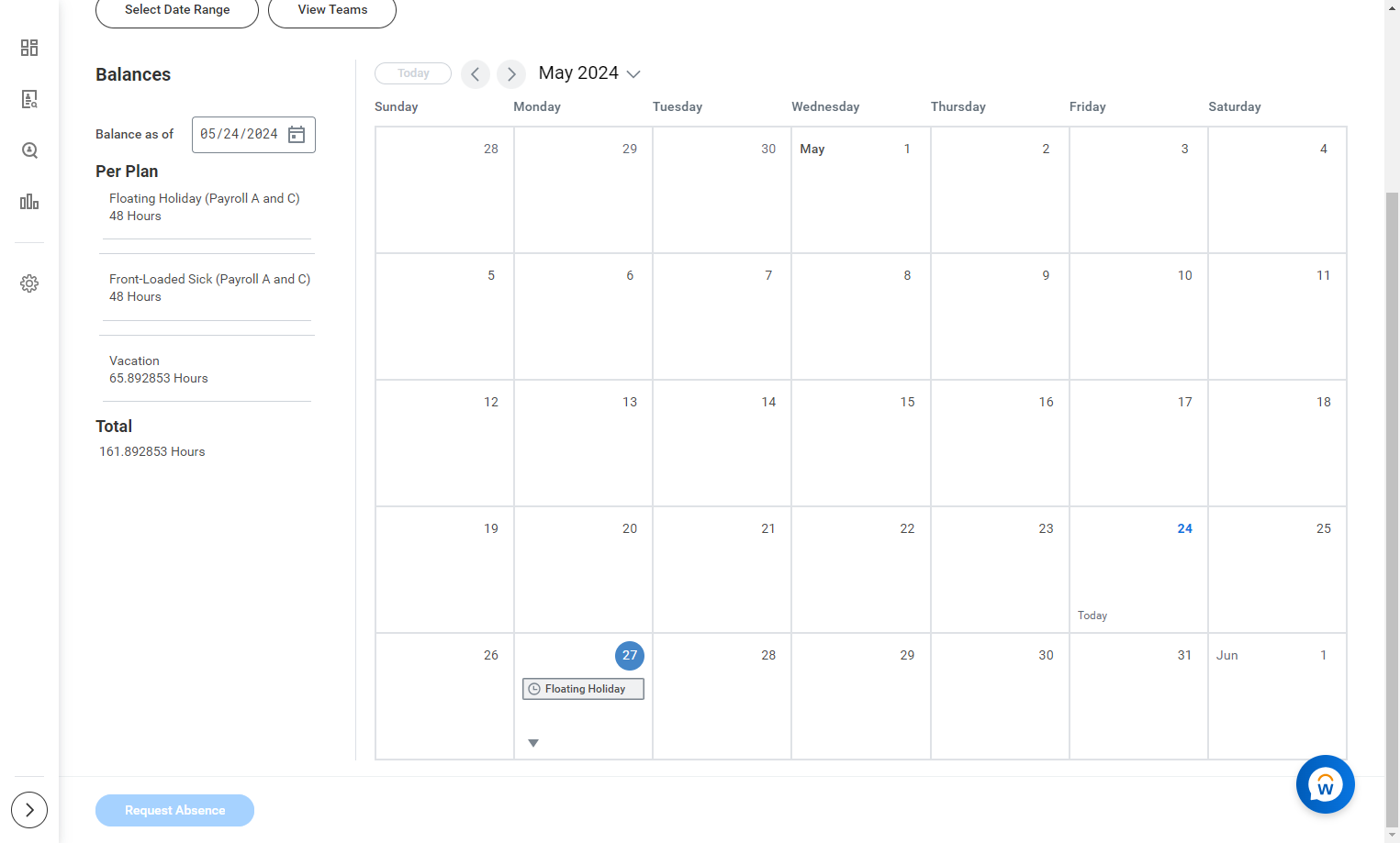 Notice your Absence Request block is gray again, meaning Not Yet Approved. You will receive notification when your request has been approved, and the block will turn green again.