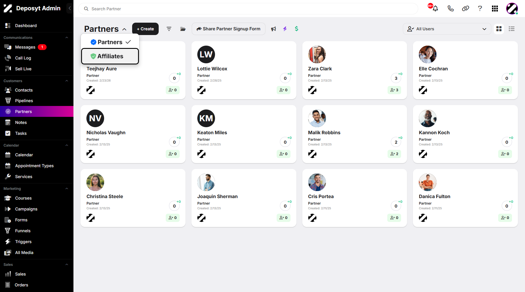 Step 1: Hover over the Partners dropdown menu and click Affiliates to continue.