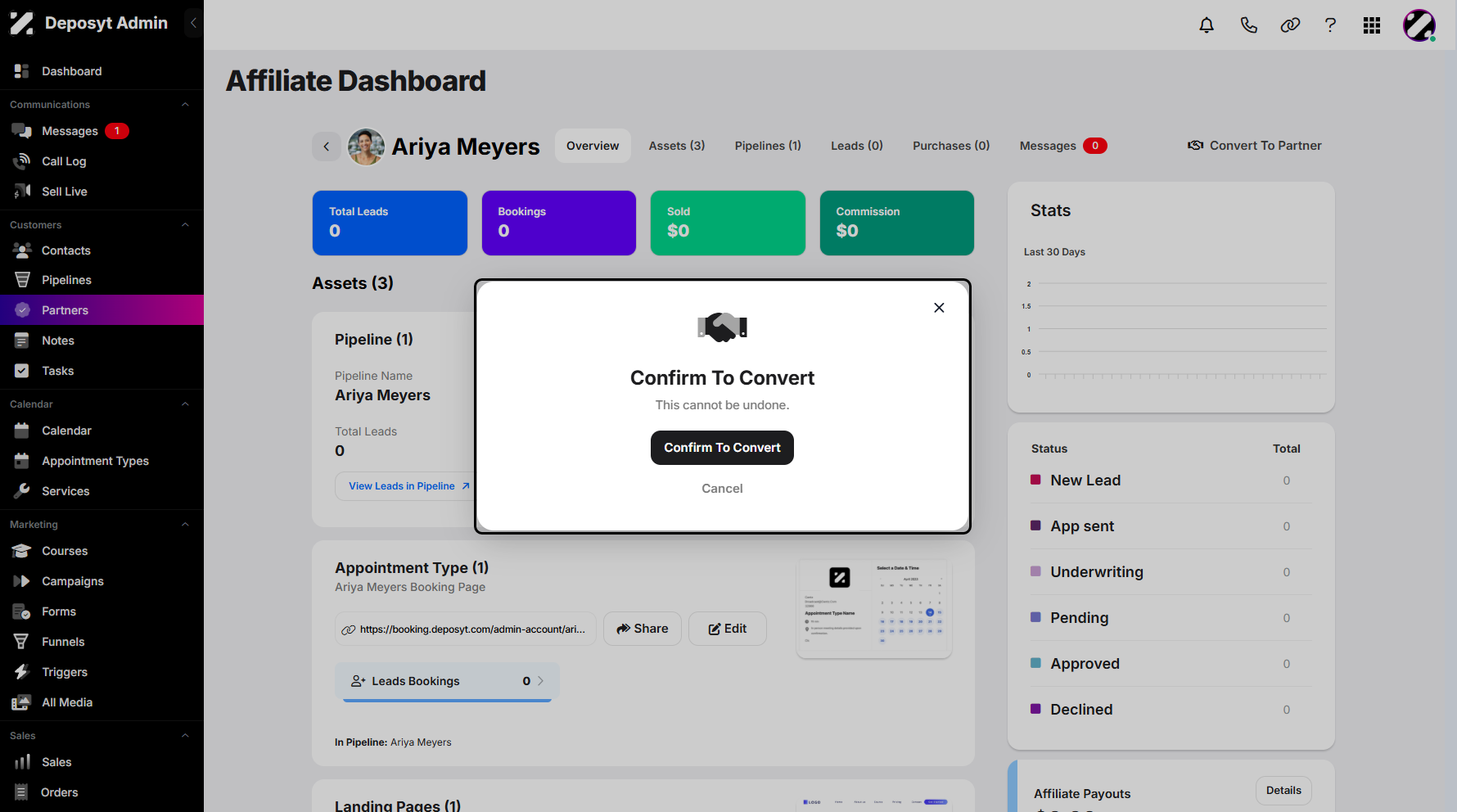 Step 6: A pop-up window will appear, asking you to confirm if you want to convert the selected affiliate to a partner or cancel the action.