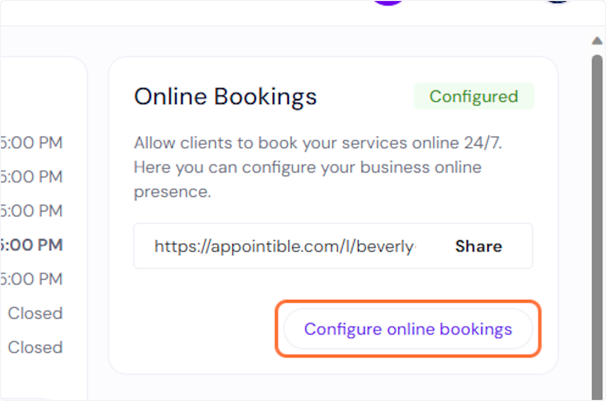 Click on 'Configure online bookings'
