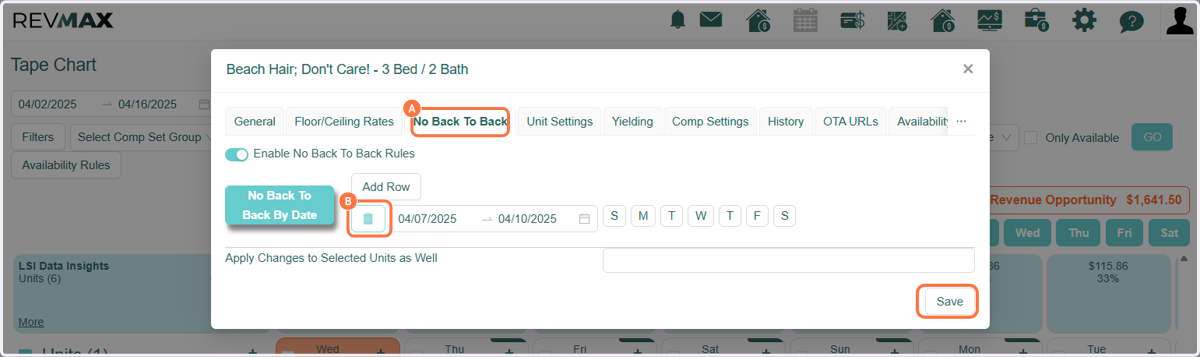 A. To delete the rule, go back to the No Back to Back tab in Unit Settings B. Click on the trash can and Save