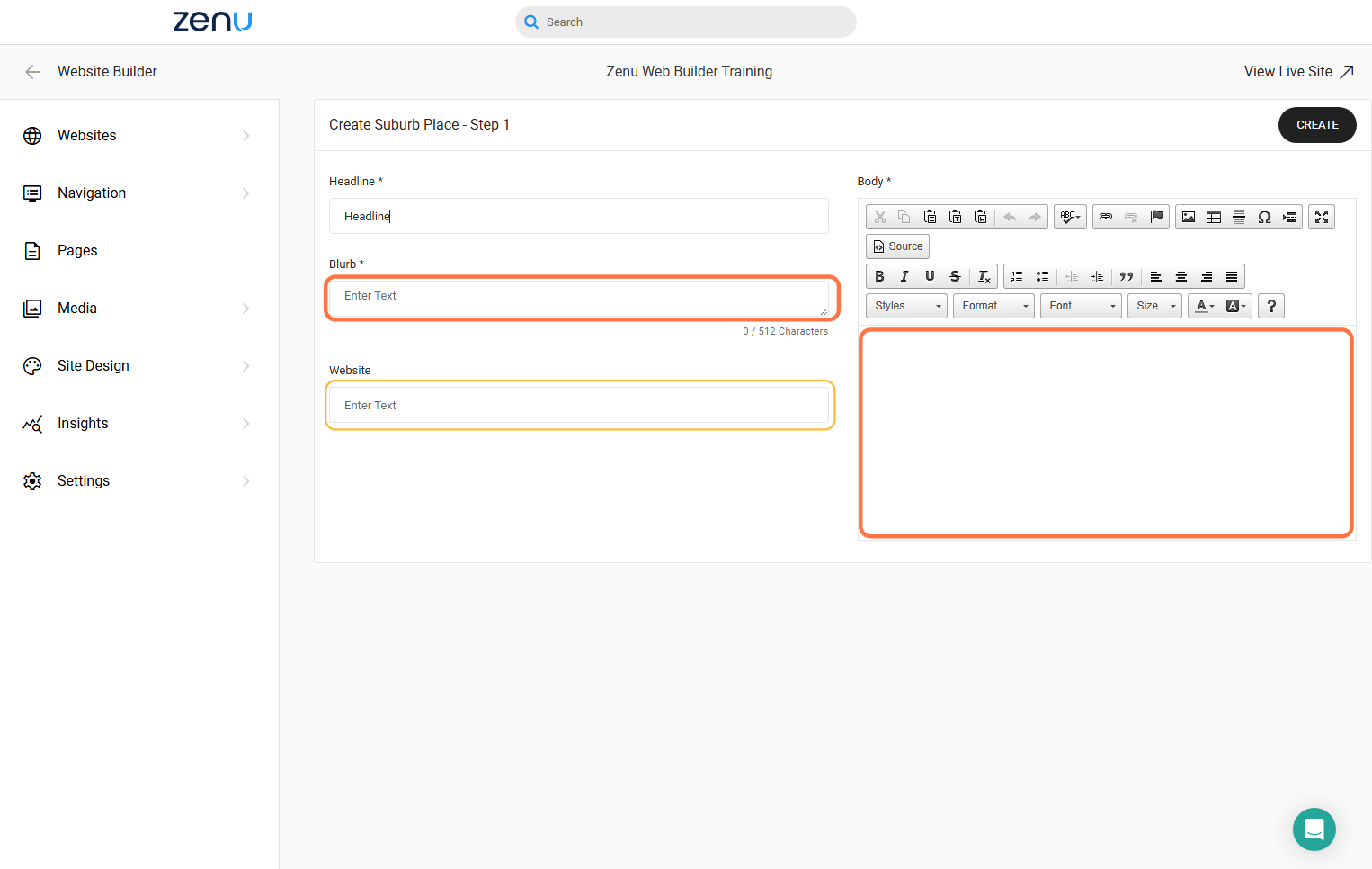 Add the Place Headline, Body & Blurb text in the appropriate fields