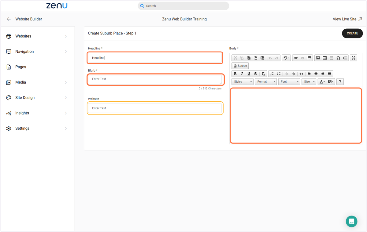 Add the Place Headline, Body & Blurb text in the appropriate fields