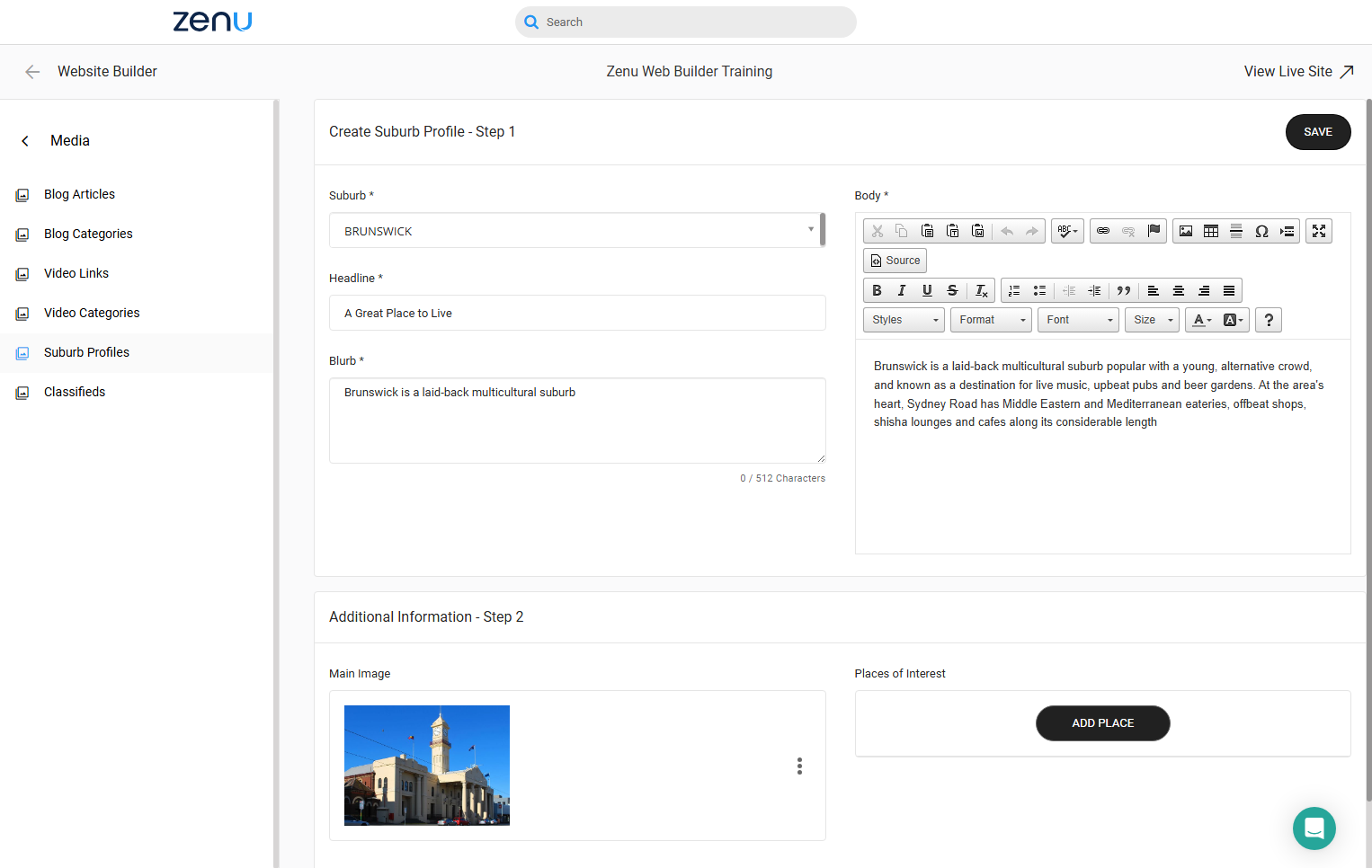 You can also add Places of Interest to a Suburb Profile. To add a Place of Interest Click on ADD PLACE Suburb Profiles do not have to have Places. It is your choice to add them or not.