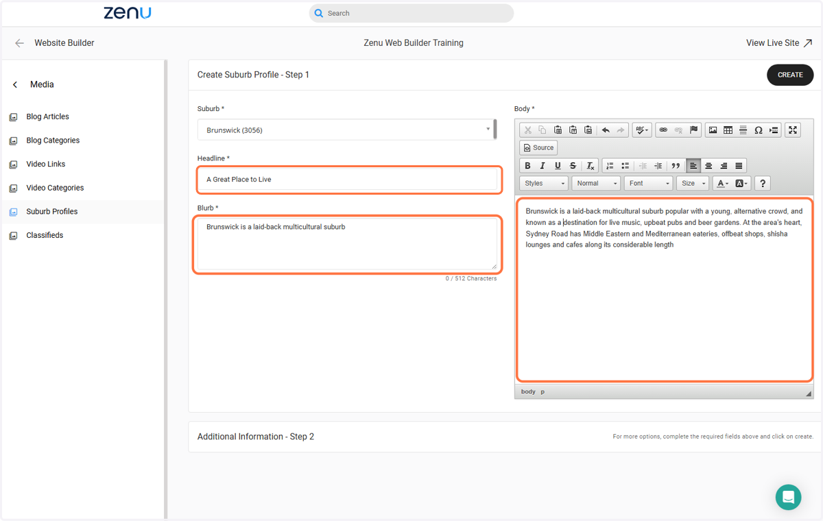 Add the Article Headline, Body & Blurb text in the appropriate fields