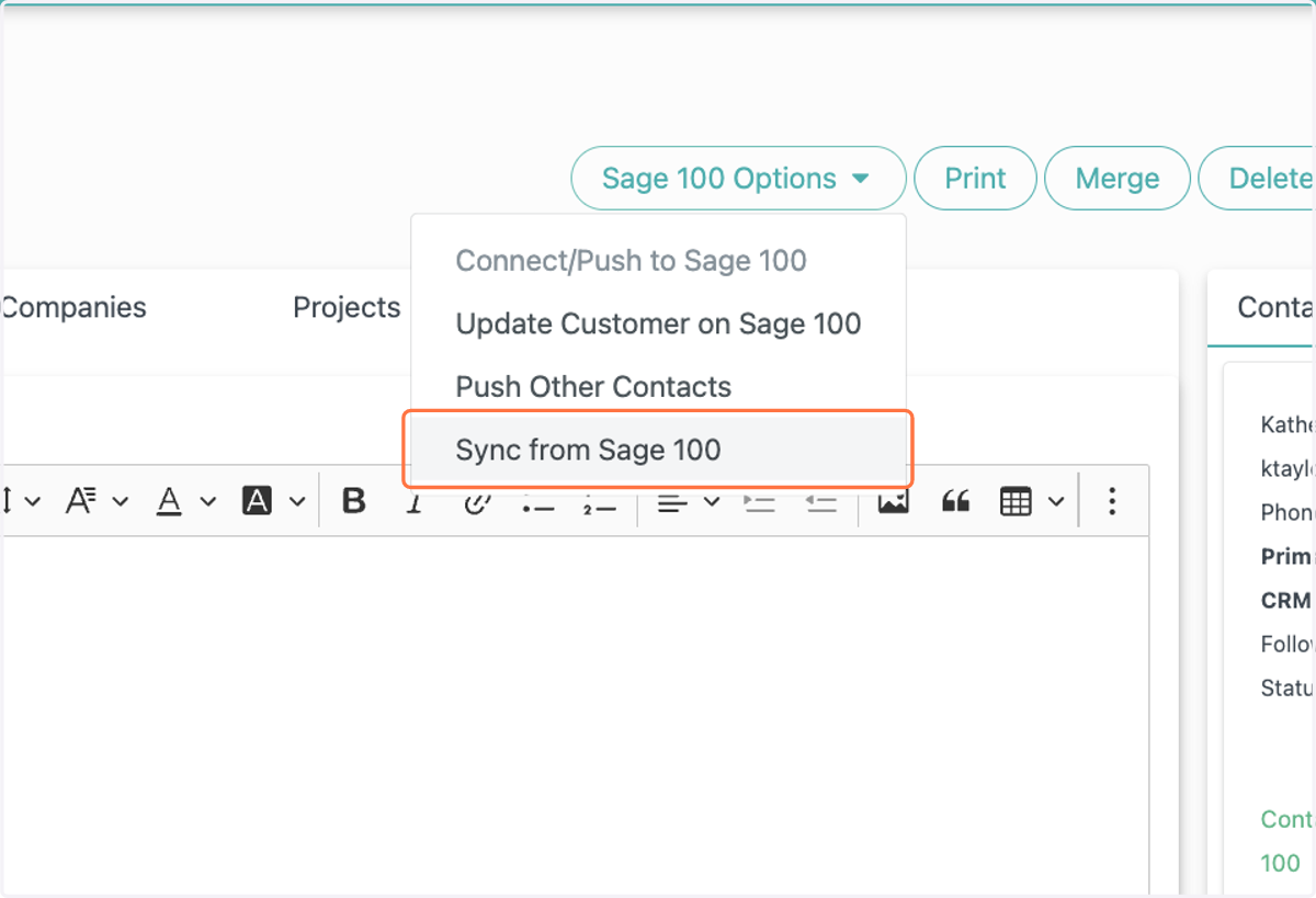 Click on Sync from Sage 100