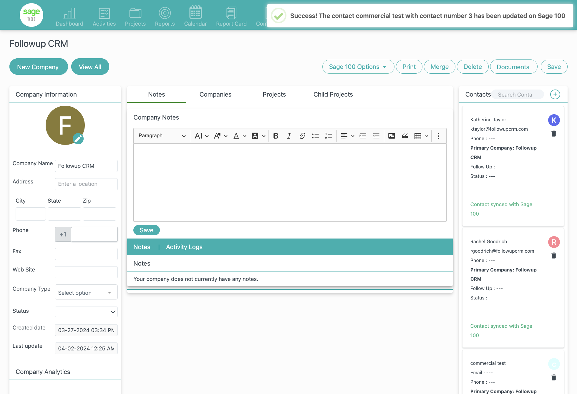 Click on Success! The contact commercial test with contact number 3 has been updated on Sage 100
