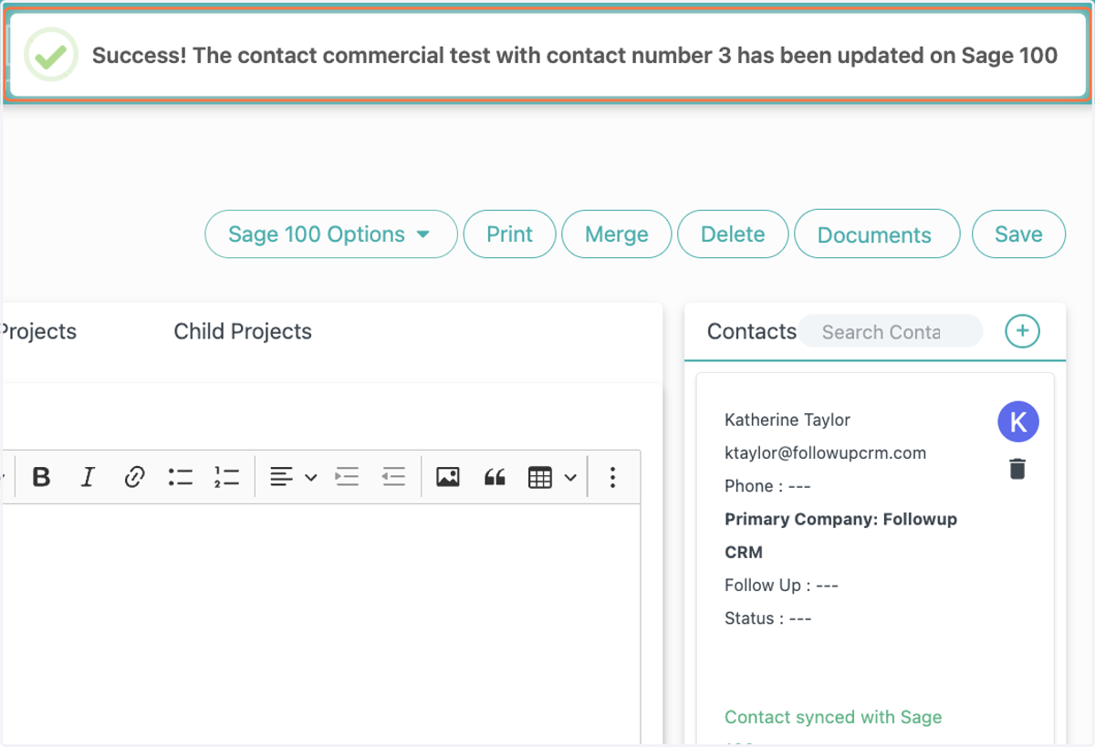 Click on Success! The contact commercial test with contact number 3 has been updated on Sage 100