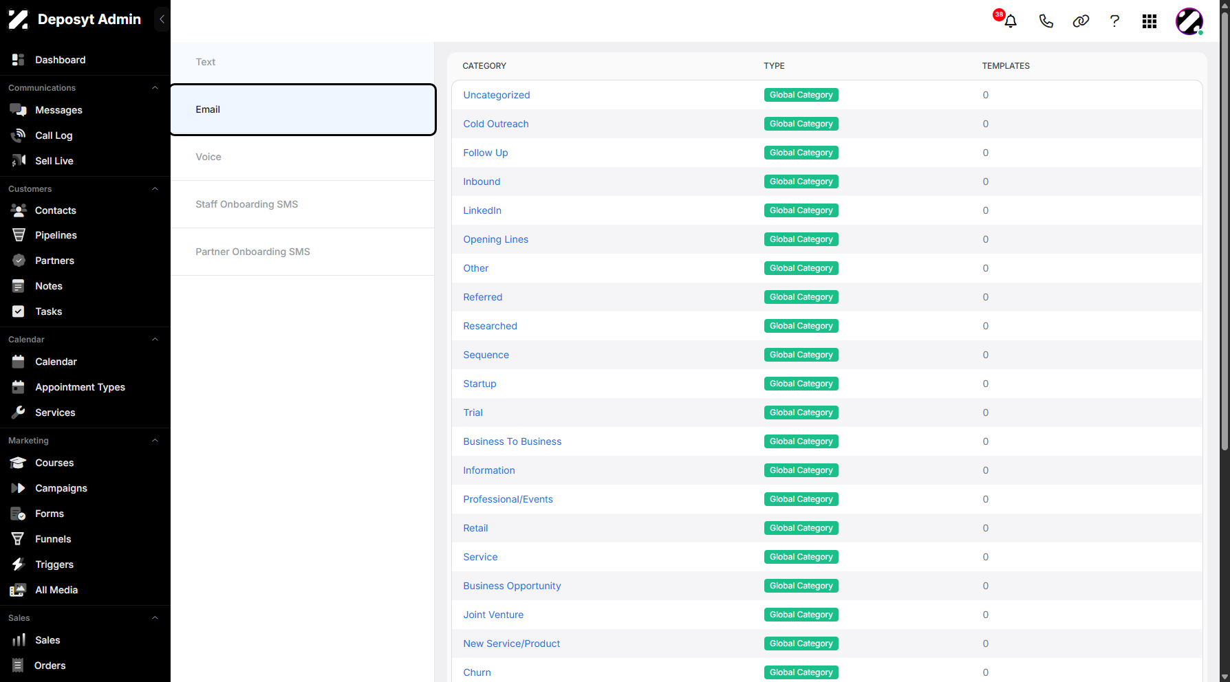 Step 5: Click on Email to navigate and view your available email templates.