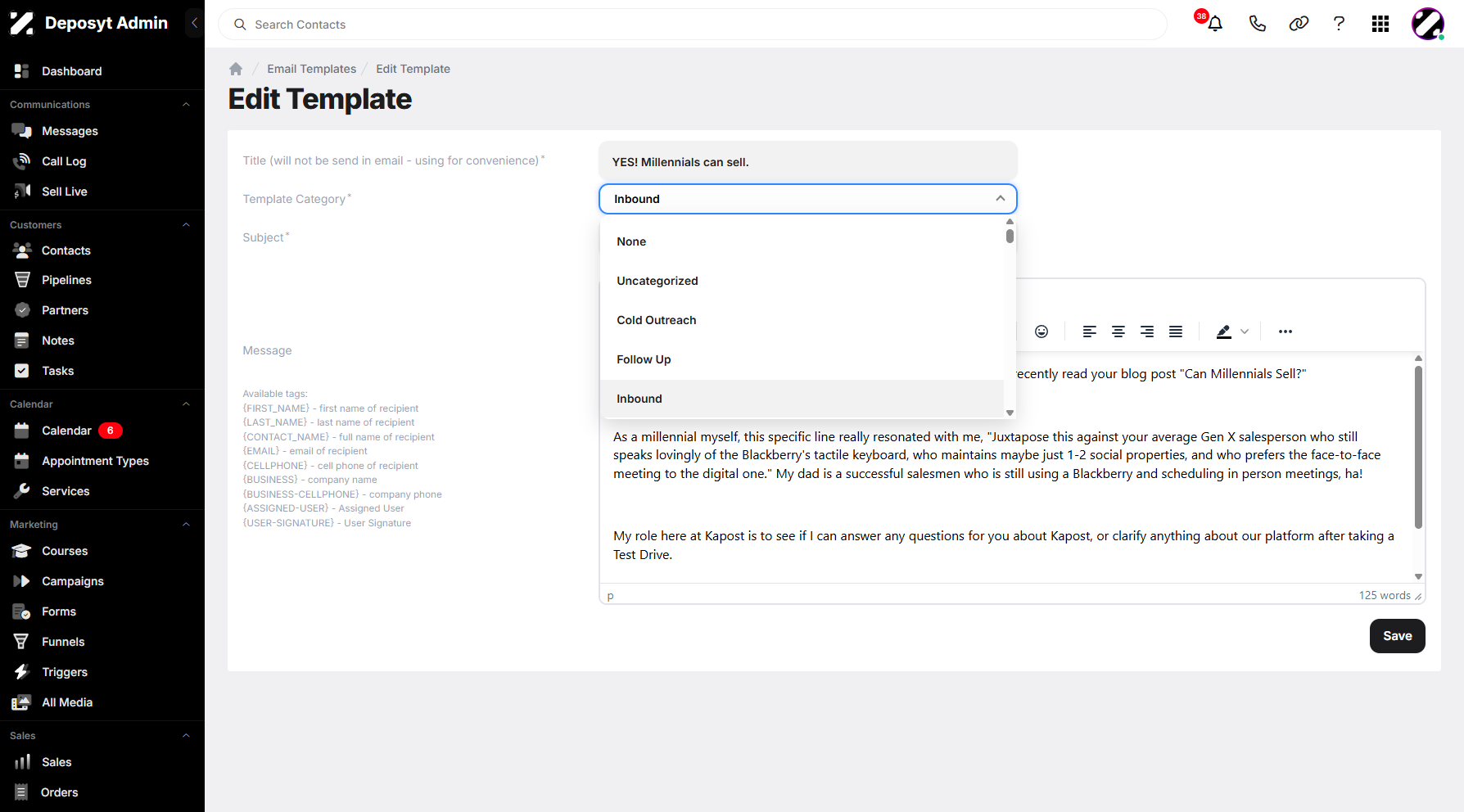 Step 12: Once Edit is selected, you will be taken to the Edit Template section. You can now modify the template email, subject, and change the template category using the dropdown menu.