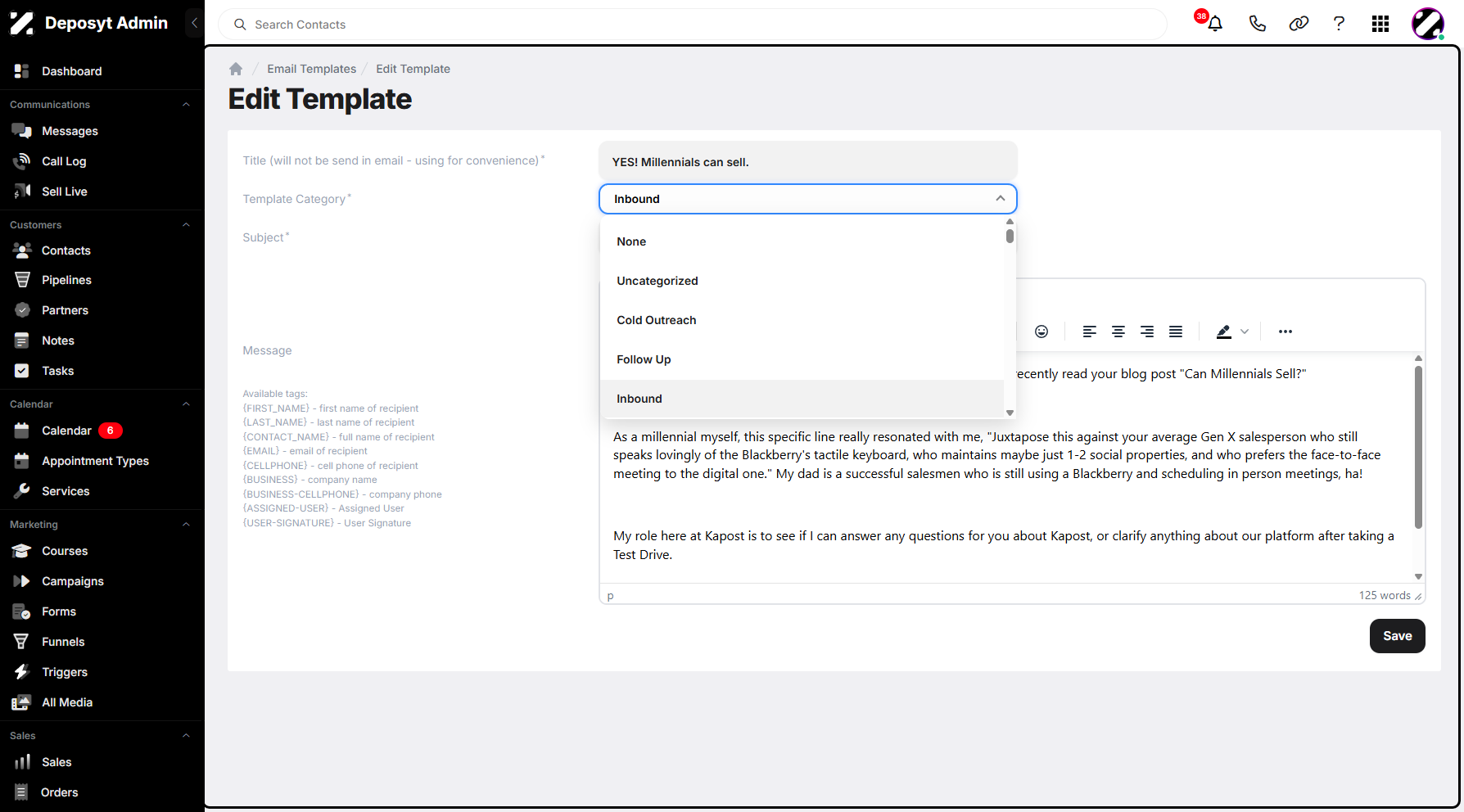 Step 12: Once Edit is selected, you will be taken to the Edit Template section. You can now modify the template email, subject, and change the template category using the dropdown menu.