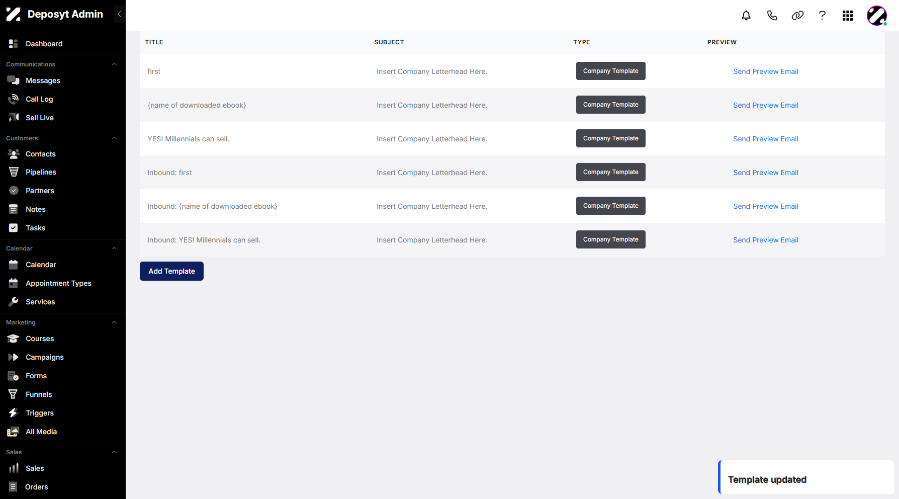 Step 13: After managing your template, click Save to proceed. A pop-up notification will confirm the action.
