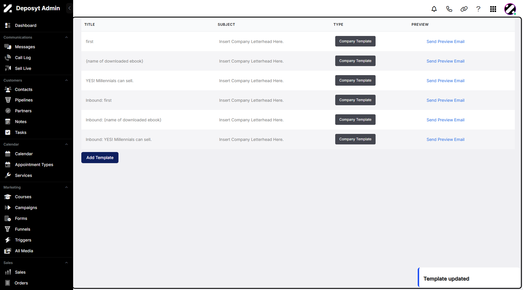 Step 13: After managing your template, click Save to proceed. A pop-up notification will confirm the action.