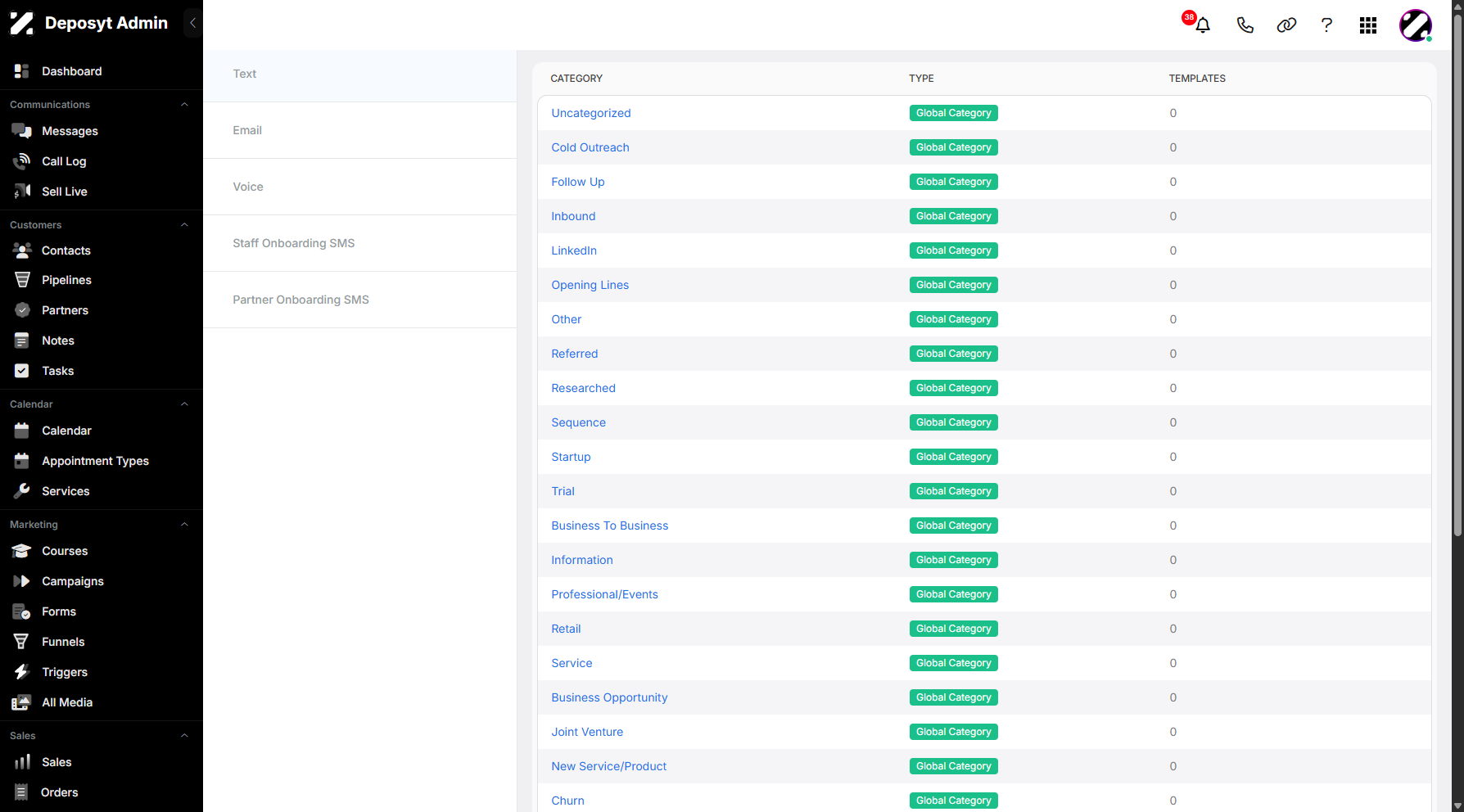 Step 4: You will then be redirected to the Templates section, where you will be in the Text Templates section by default.