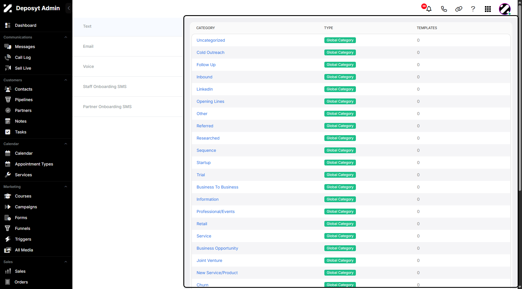 Step 4: You will then be redirected to the Templates section, where you will be in the Text Templates section by default.