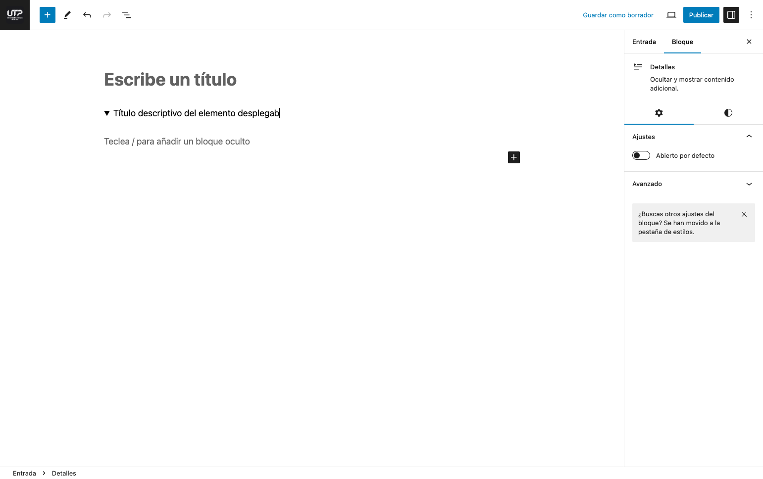 Escribir el título que describe la información que se encontrara dentro del texto desplegable
