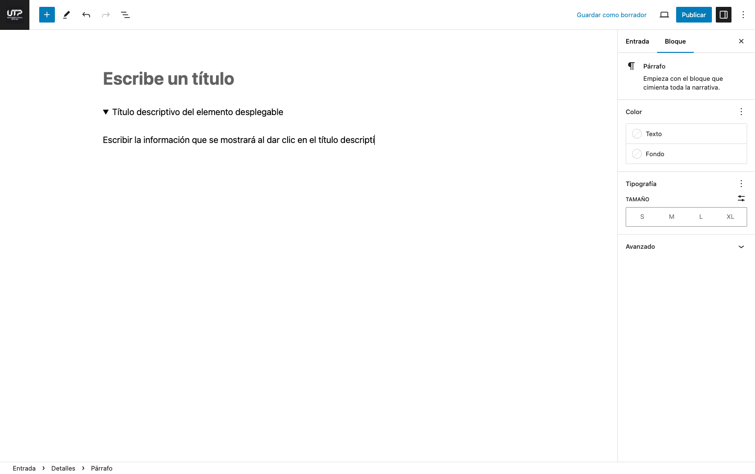 Escribir la información que se mostrará al dar clic en el título generado en el punto anterior