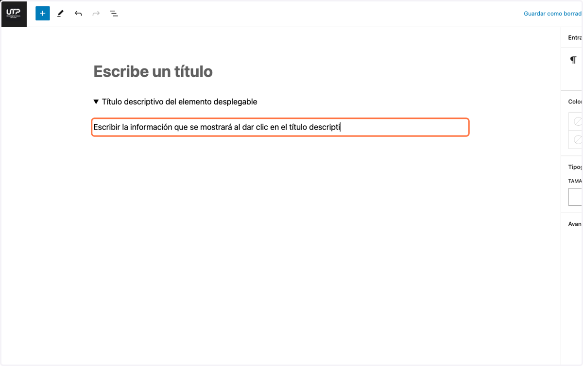 Escribir la información que se mostrará al dar clic en el título generado en el punto anterior