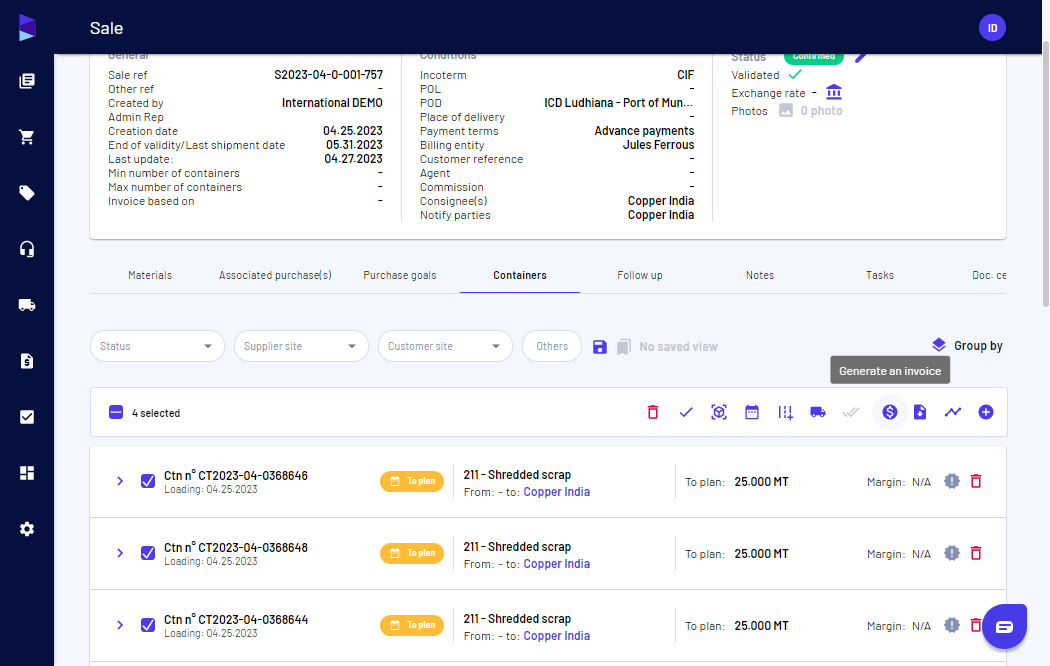 On the containers tab, select the containers and click on the "Generate an invoice" option