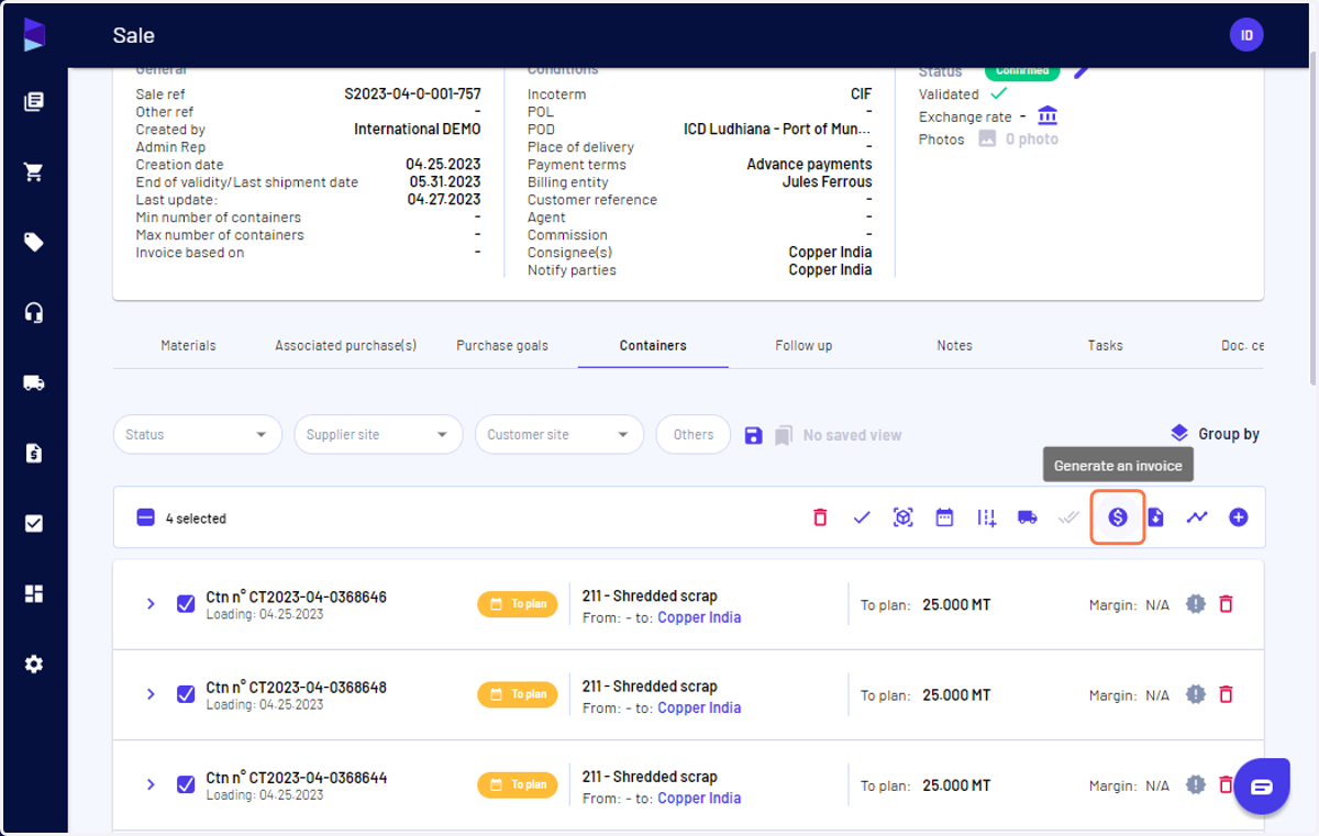 On the containers tab, select the containers and click on the "Generate an invoice" option