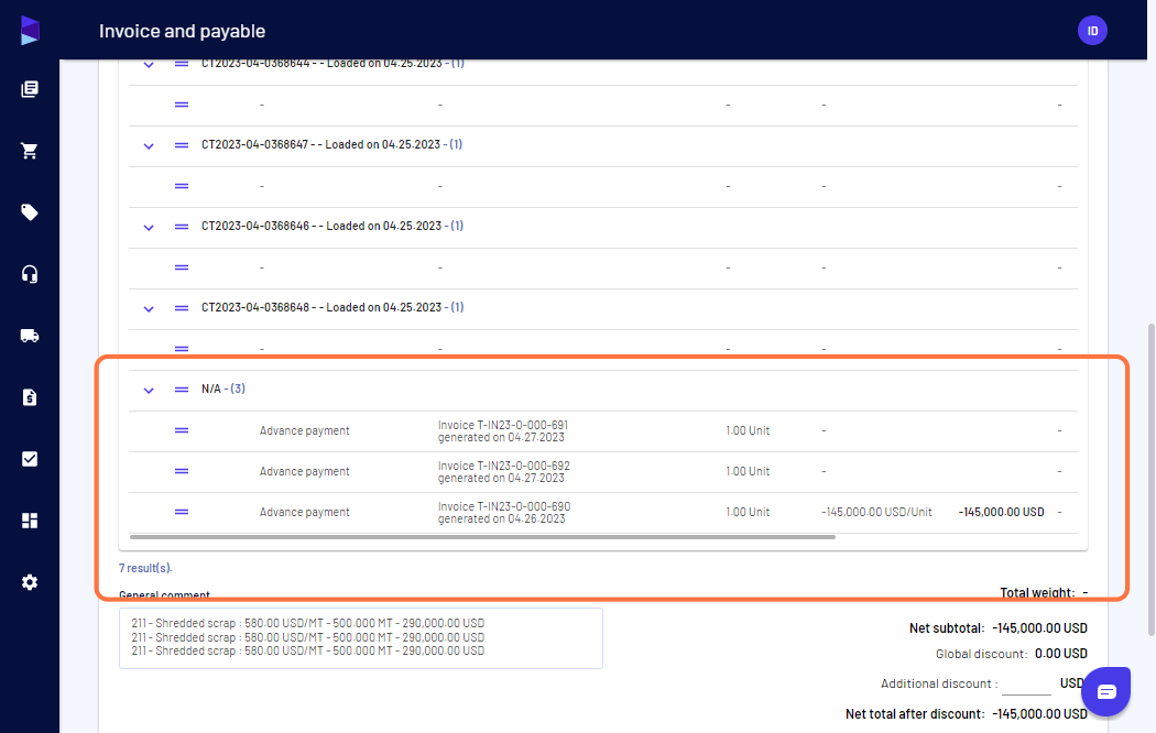 Select proforma invoices linked to the commercial invoice