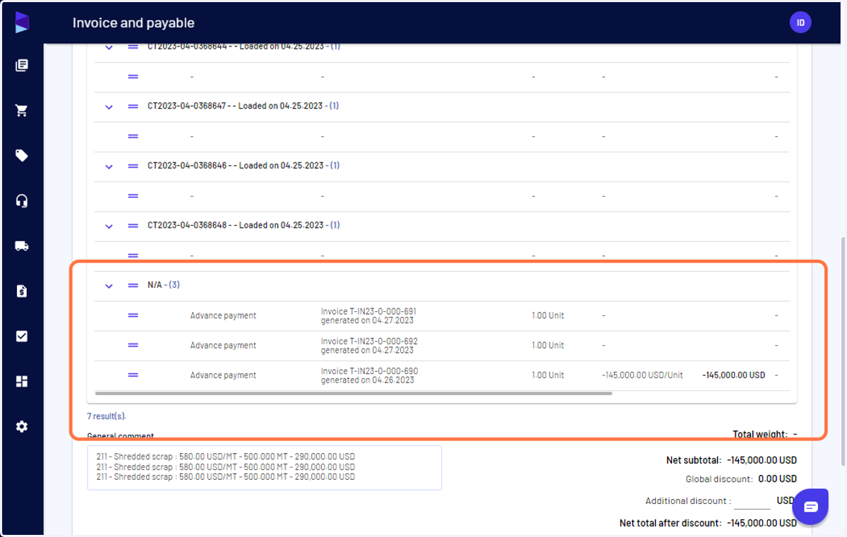 Select proforma invoices linked to the commercial invoice
