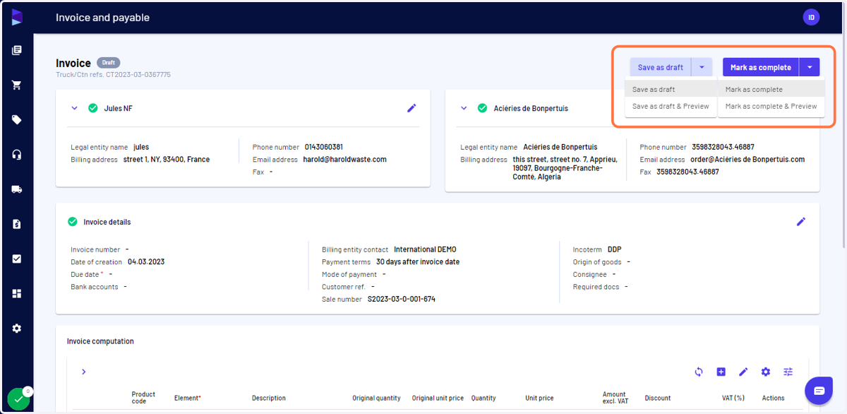 Check the other information for the invoice and once it's ready, click on "Mark as complete" to finalize it or on "Save as draft" if want to make further changes later on