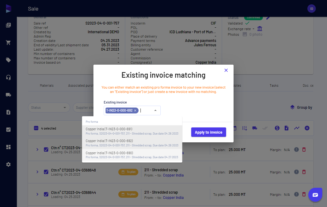 Select all the proforma invoices you want to link to the commercial invoice