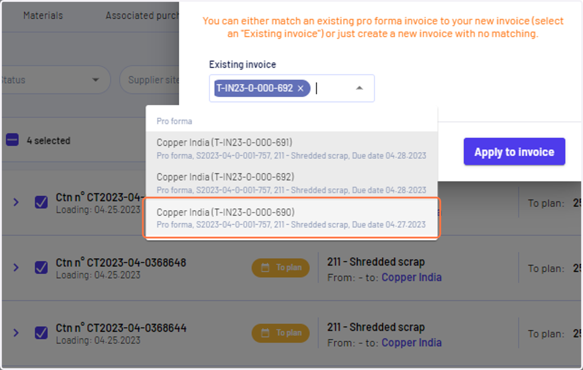 Select all the proforma invoices you want to link to the commercial invoice