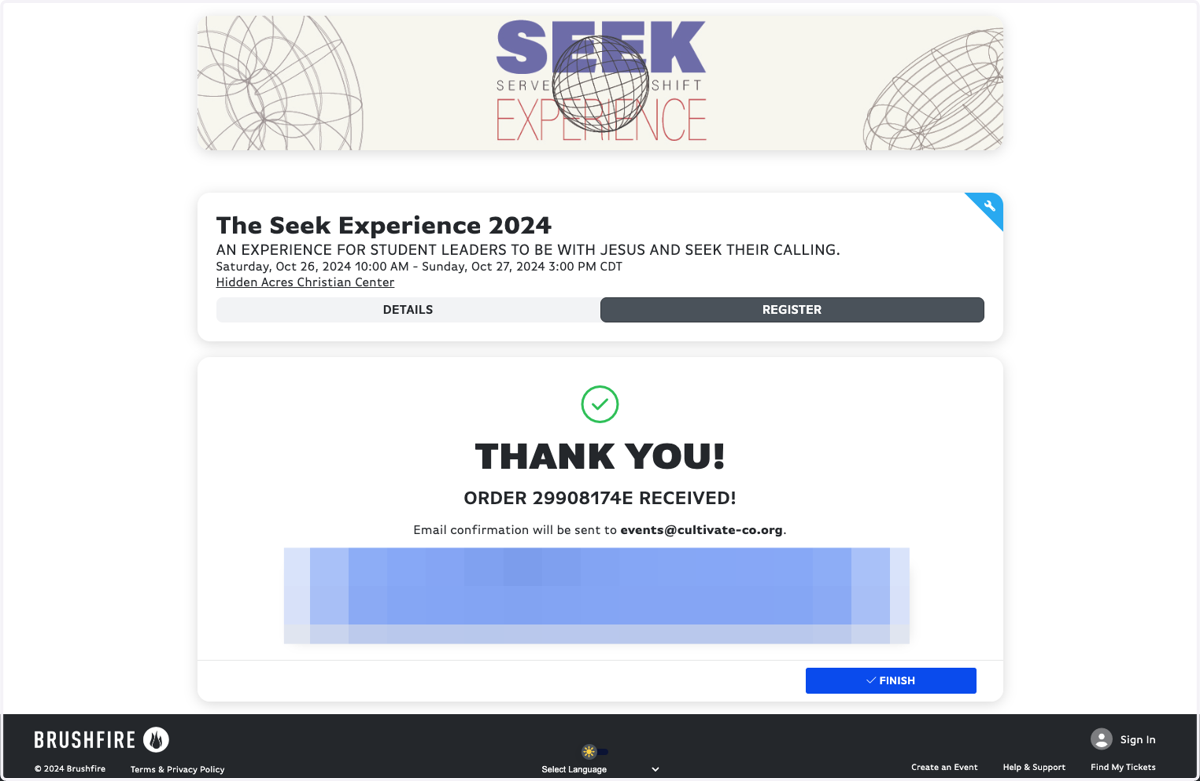 Once you see this page, you're registered! Keep an eye on your email for a confirmation.
