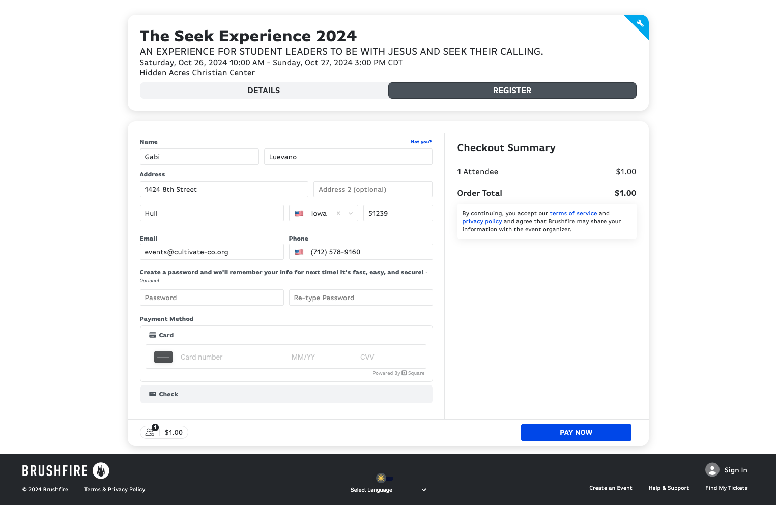 Fill in your card information, or if you choose to pay by check, select the "Check" button.