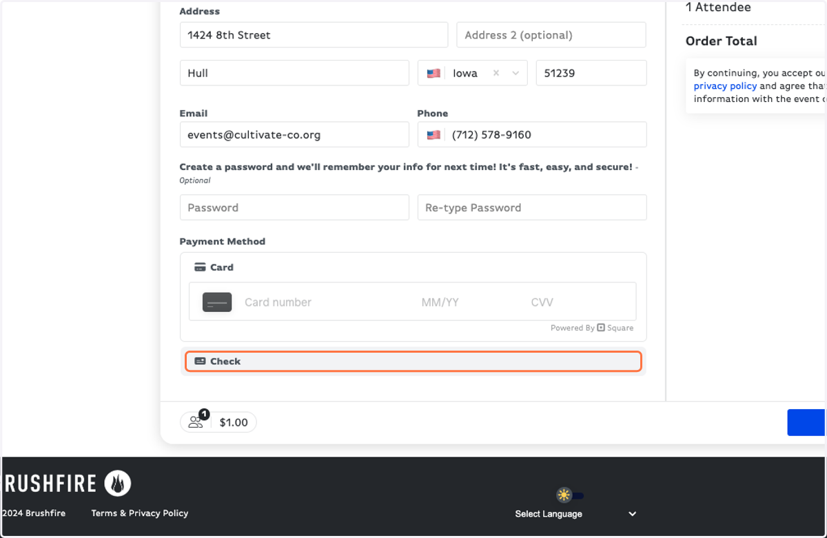 Fill in your card information, or if you choose to pay by check, select the "Check" button.